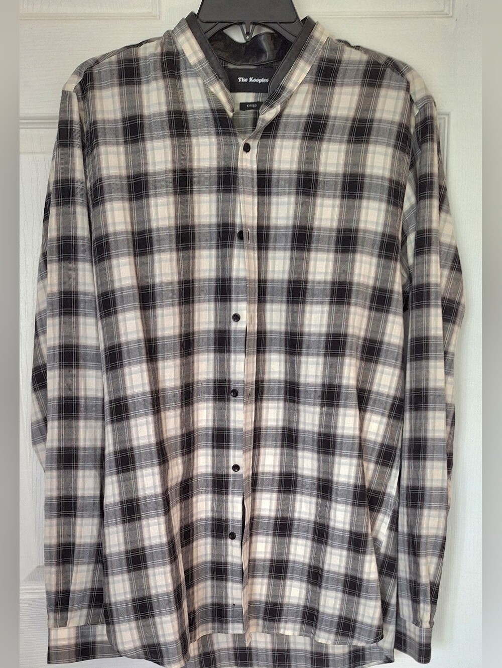 The Kooples Plaid Button-Up Shirt with Leather Trim Collar – Size Large